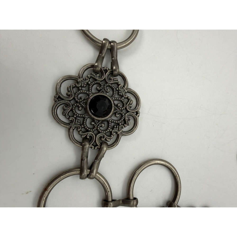 Vintage Silver Filigree Chain Belt Black Gemstone Medallion Boho Goth 48 Inch - Picture 6 of 9